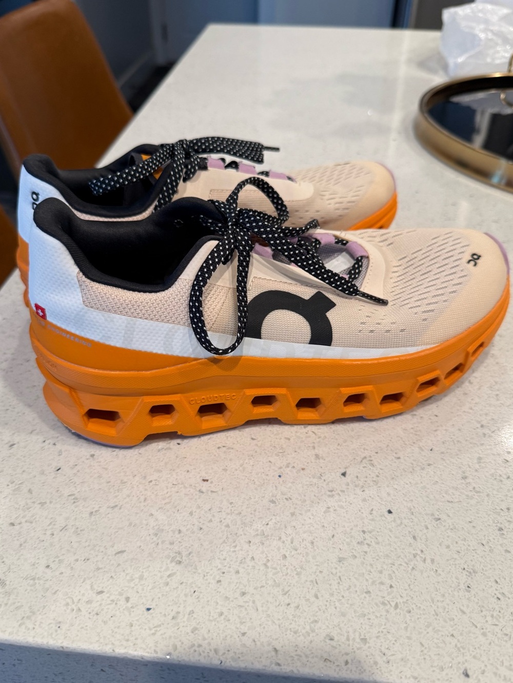 On Cloud CloudMonster Running Women's Performance Sneakers 8.5 in Cream/Orange